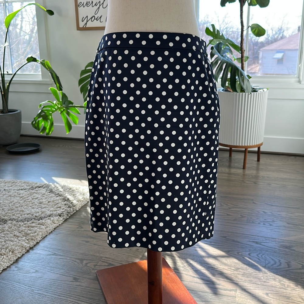 Jcrew size 8 the pencil skirt. Navy with white polka dots